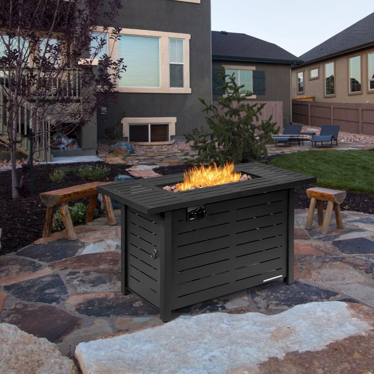 Giantex Propane Fire Pit Table, 42 Inch 60,000 BTU Rectangular Gas Fire Table w/Waterproof Cover, Outdoor Electronic Ignition Firepit Table w/Lava Rock for Courtyard Balcony Garden Terrace