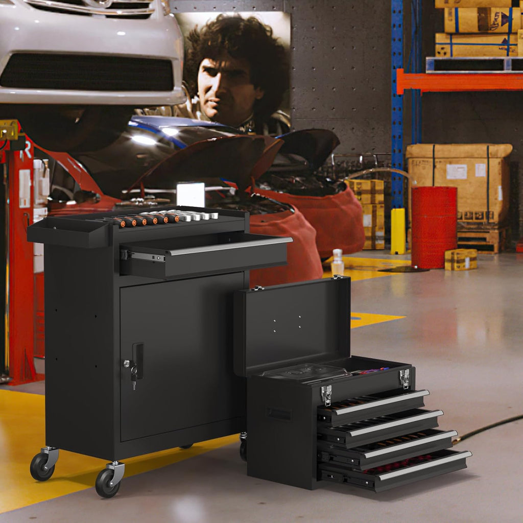 5-Drawers Tool Chest, 2-in-1 Rolling Tool Box with Wheels and Drawers, Detachable Storage Toolbox with Lock, Heavy-Duty Metal Tool Cart for Garage, Workshop (Black)