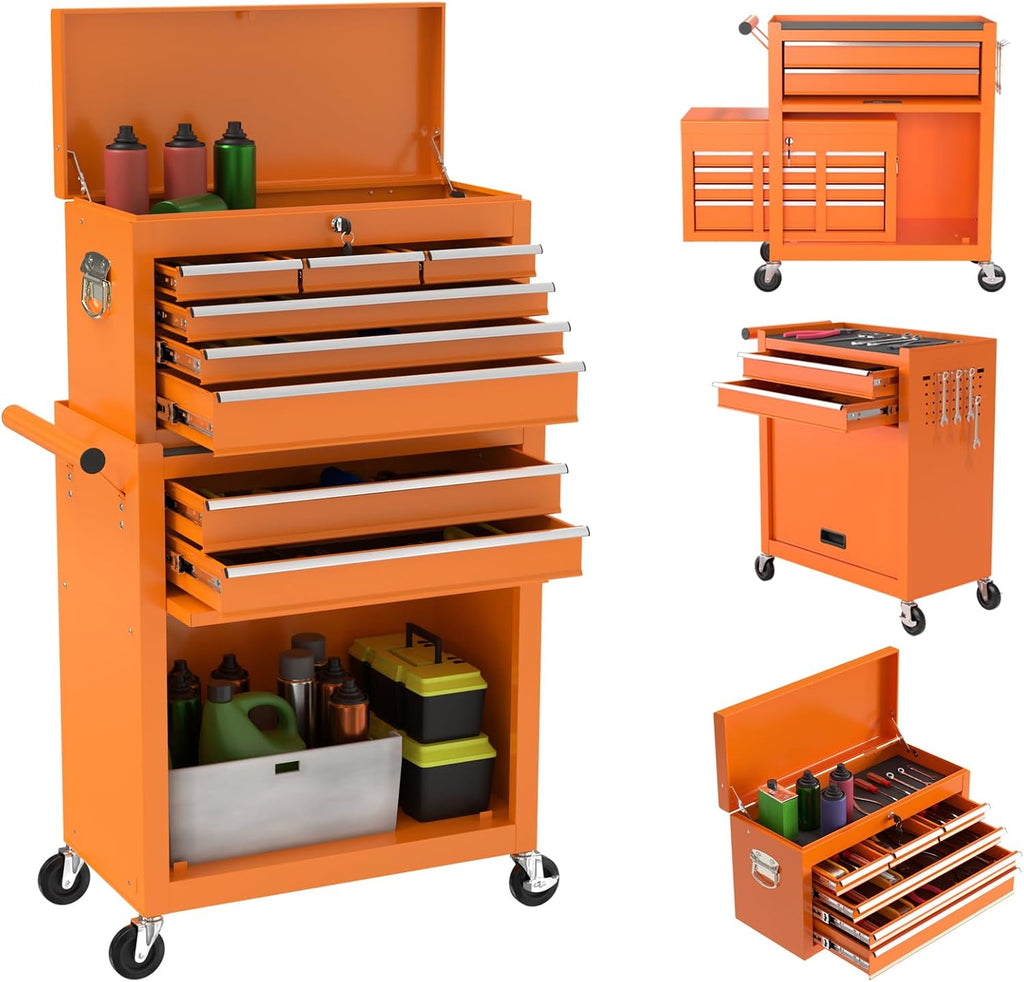 8-Drawer Rolling Tool Box, Lockable Rolling Tool Chest with Wheels and Drawers, 2 in 1 Large Capacity Storage Tool Cabinet for Warehouse, Garage, Tool Room and Repair Shop (Orange)