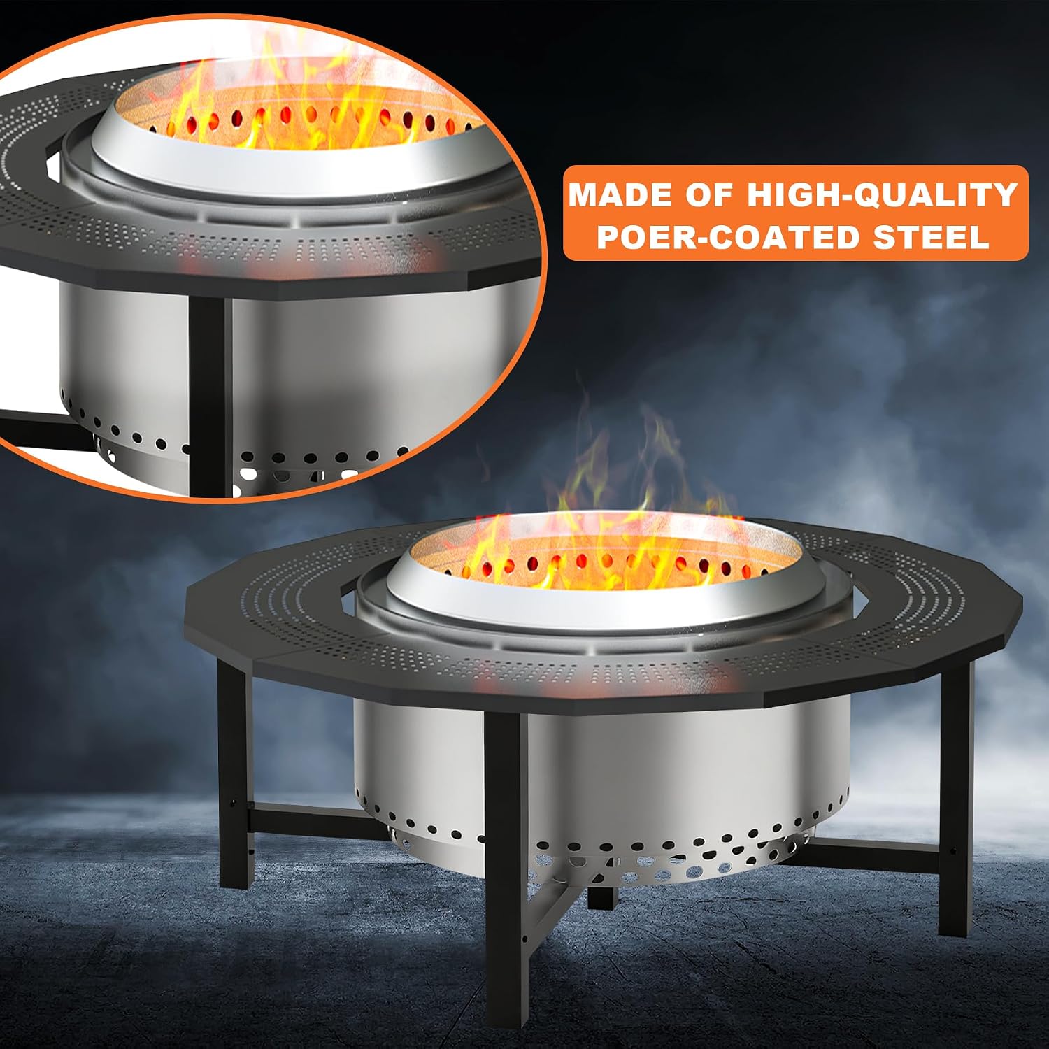 40'' Fire Pit Surround Tabletop with Cover for Solo Stove Bonfire and Ranger, Powder-Coated Steel Surround Table for Safety and Extra Large Space