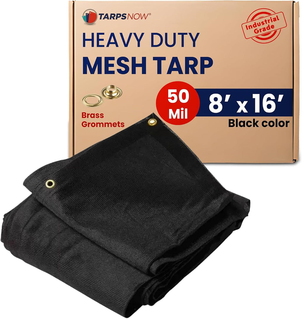Tarps Now 8' x 16' Heavy Duty Mesh Tarp with 75% Shade and Brass Grommets - Multipurpose Protective Cover Tarpaulin with Air Flow for Tie Downs, Shade, Fences, Canopies, Dump Trucks - Black