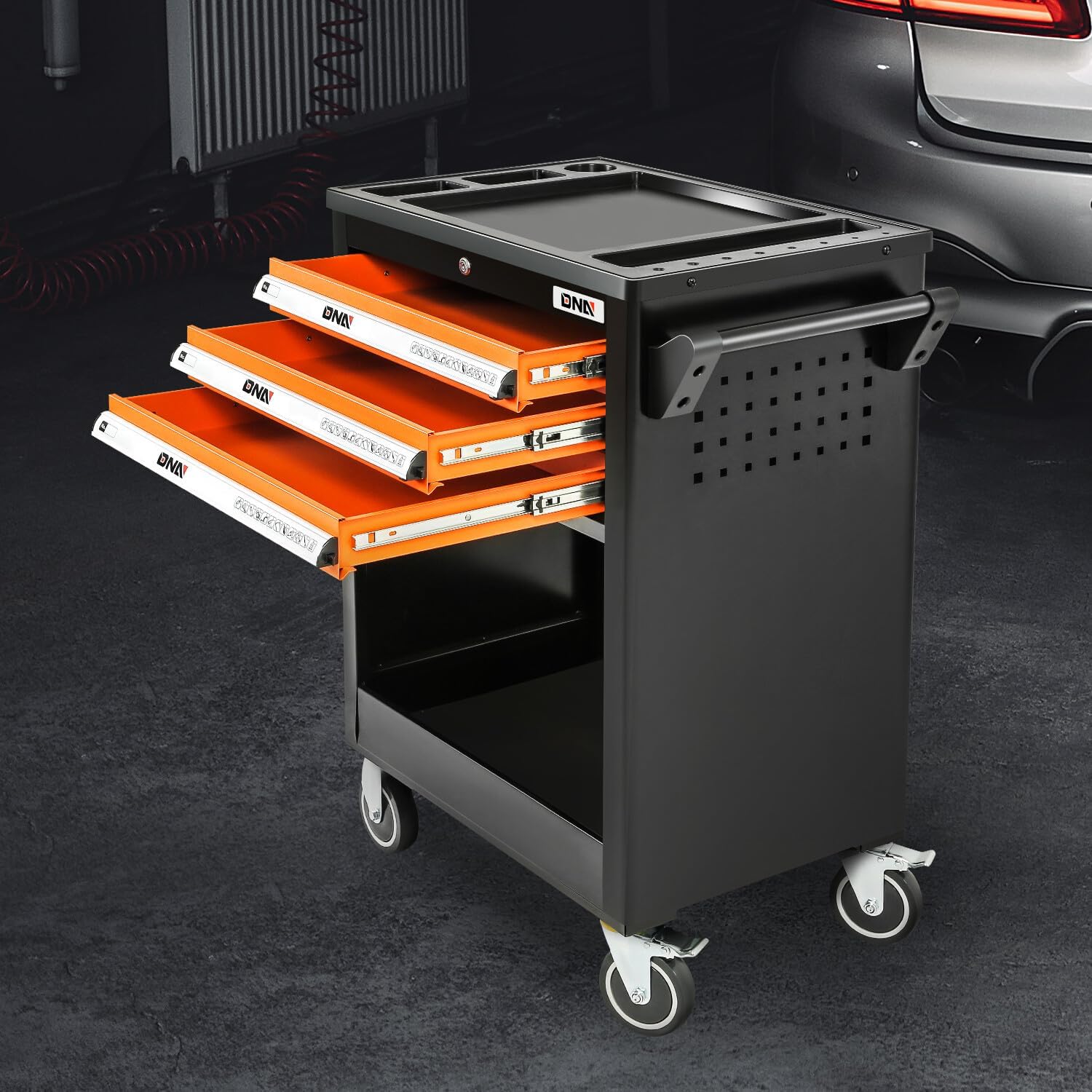DNA Motoring 3-Drawer Rolling Tools Chest, Rolling Tool Storage Cabinet, Heavy Duty Mechanic Tool Cart, Trolley Organizer for Garage, Warehouse, Workshop, Black/Orange, TOOLS-00404