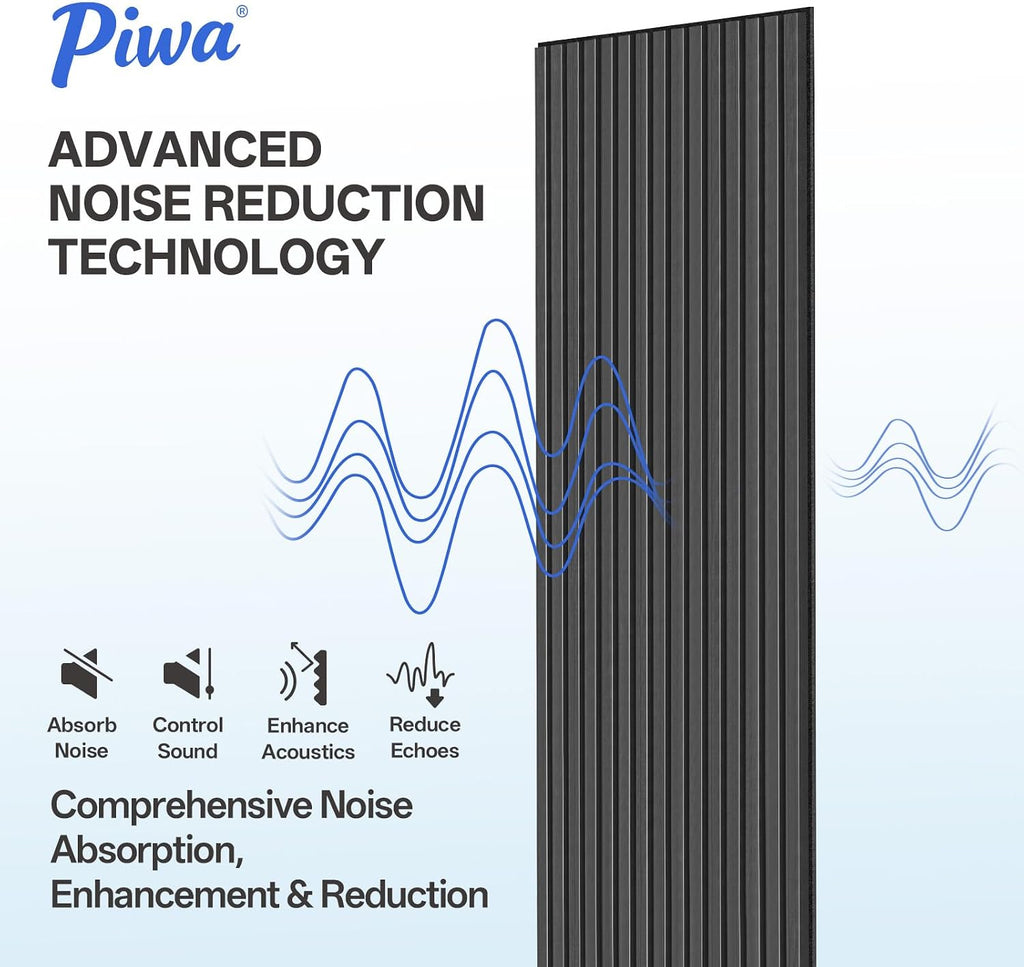 PIWA Wood Acoustic Slat Panels,94 x 24 in,2-Pack-12mm MDF Surface with 9mm Sound-Absorbing Core-Dual-Layer Acoustic Wall Panels for Echo Reduction in Home Studio,Office & Living Room-Matte Black