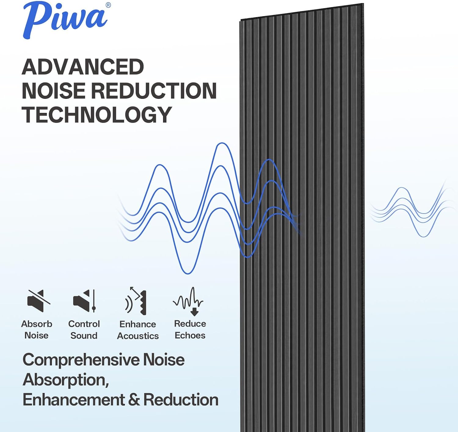 PIWA Wood Acoustic Slat Panels,94 x 24 in,2-Pack-12mm MDF Surface with 9mm Sound-Absorbing Core-Dual-Layer Acoustic Wall Panels for Echo Reduction in Home Studio,Office & Living Room-Matte Black