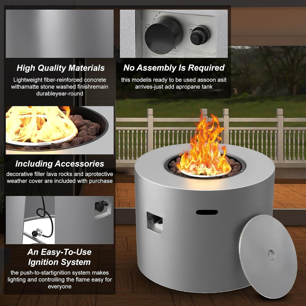 32' Propane Fire Pit Table Round Smokeless w/Lid Alloy Steel Outdoor Gas Firepit Table 50,000 BTUs Includes Lava Rocks and Weatherproof Cover for Wooden Deck Backyard and Pool (Grey)