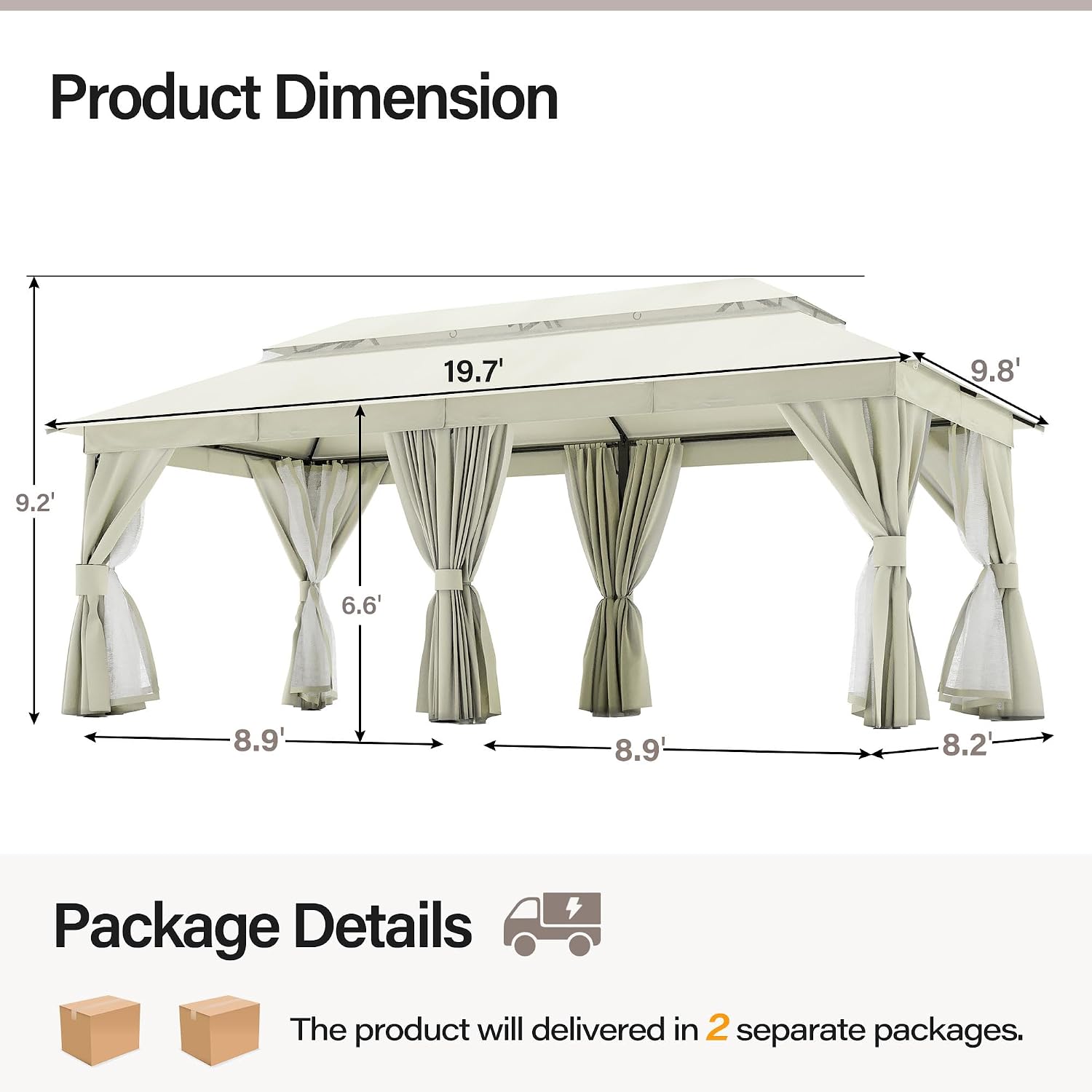 LAUSAINT HOME 10'x20' Outdoor Gazebo, Metal Frame Heavy Duty Patio Canopy Tent Shelter with Double Roofs, Mosquito Nettings and Privacy Screens for Backyard, Garden, Lawn, Cream White