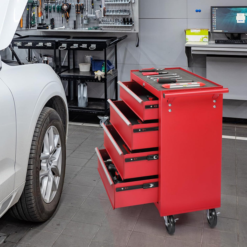 Winado 4-Drawer Tool Chest with Wheels & Lock & Key, Heavy Duty Cart Rolling Tool Box on Wheels, Metal Storage Cabinet, Rolling Tool Cart with Drawers for Garage, Warehouse & Repair Shop (Red)