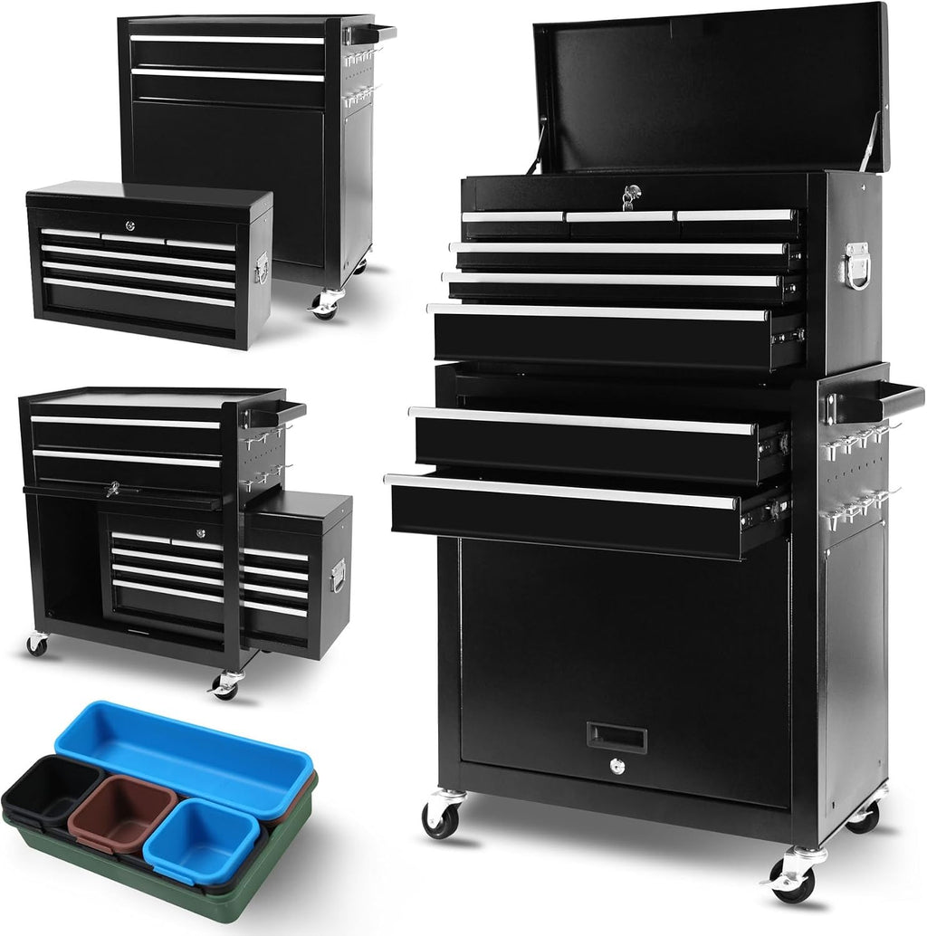 HRVEOCEI Rolling Tool Chest with Drawers, Metal Tool Cabinet on Wheels with Detachable Top Tool Box, 8-Drawer Tool Cart with Adjustable Shelf and Locking Mechanism (8-Drawer Black)