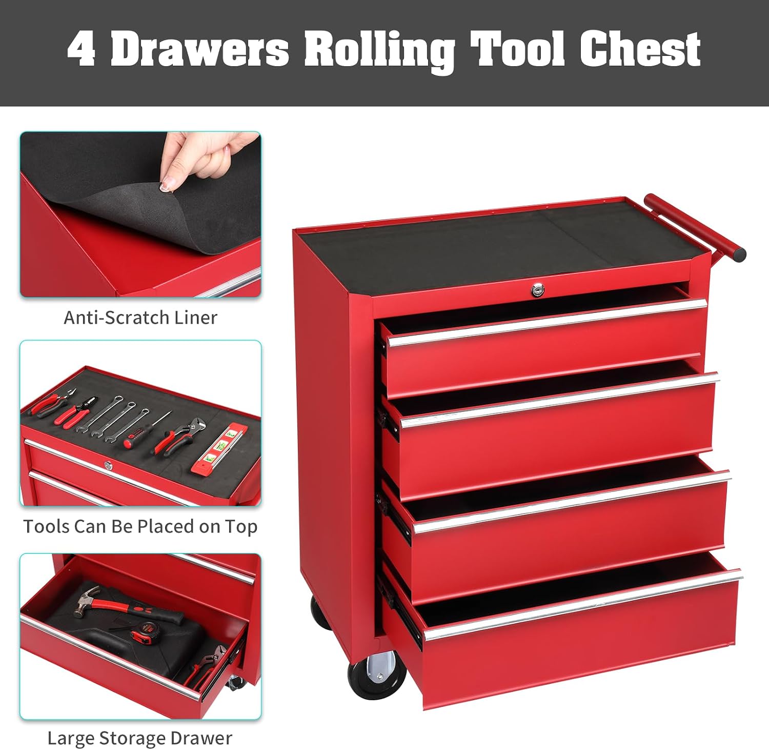 Winado 4-Drawer Tool Chest with Wheels & Lock & Key, Heavy Duty Cart Rolling Tool Box on Wheels, Metal Storage Cabinet, Rolling Tool Cart with Drawers for Garage, Warehouse & Repair Shop (Red)