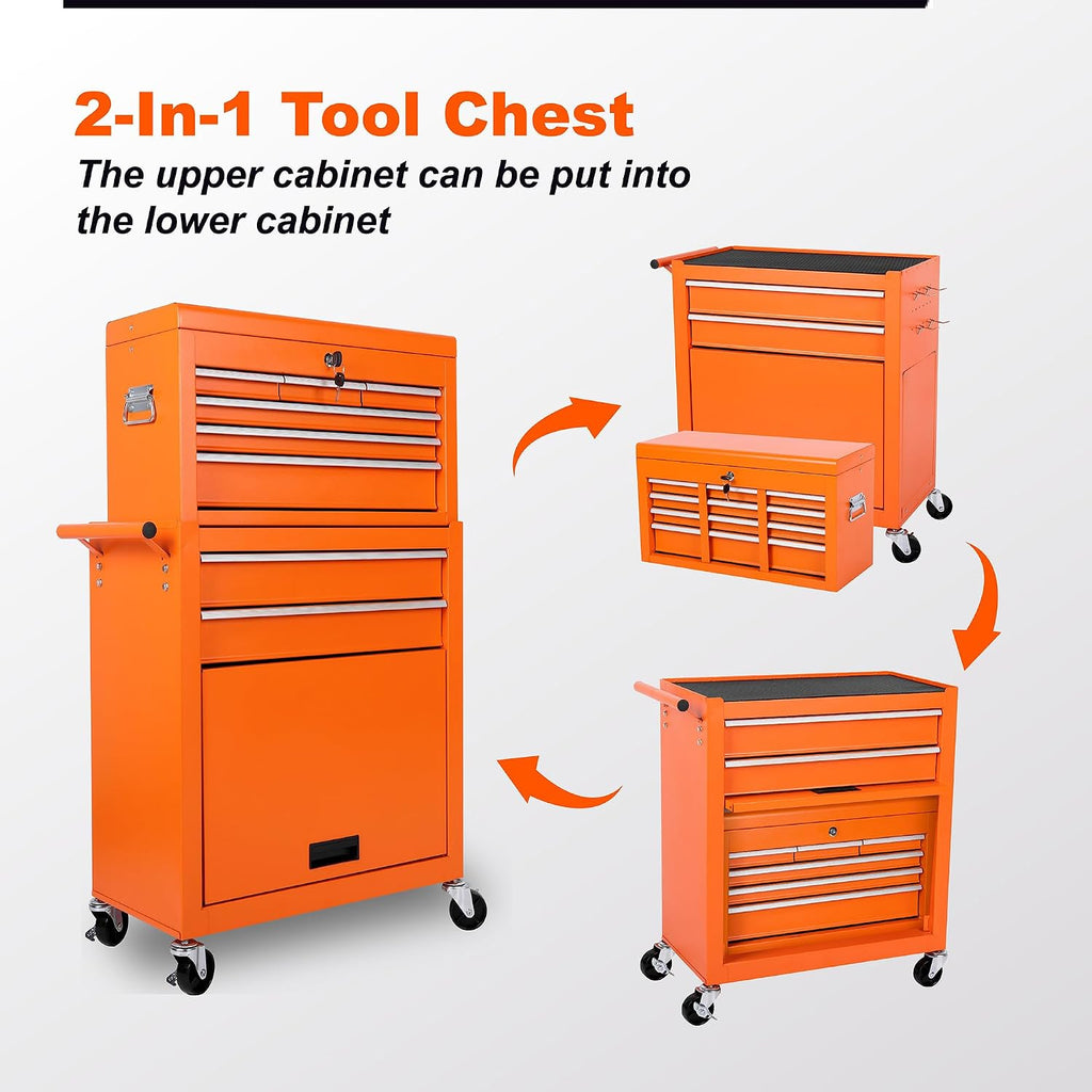 8 Drawers Tool Chest on Wheels with 1 Cabinet, Detachable Portable Top Box, Multifunctional Lock Rolling Tool Storage Case Organizer Set, Tool Cart with Side Hooks for Garage & Workshop