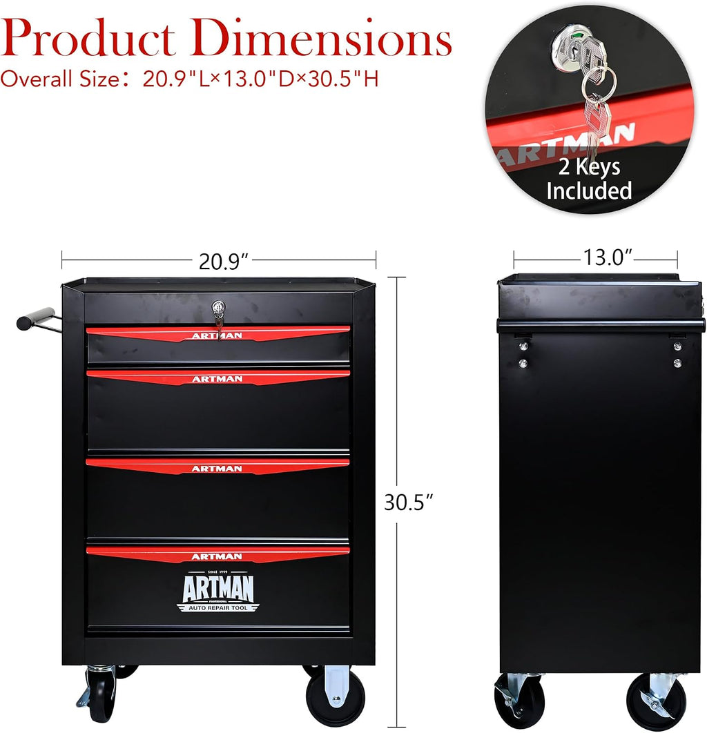 4 Drawers Tool Cart on Wheels, Multifunctional Rolling Tool Storage Chest, Drawers Rolling Trolley Organizer Tool Box for Warehouse, Garage, Workshop, Repair Shop (4 Drawers-30.5' H)