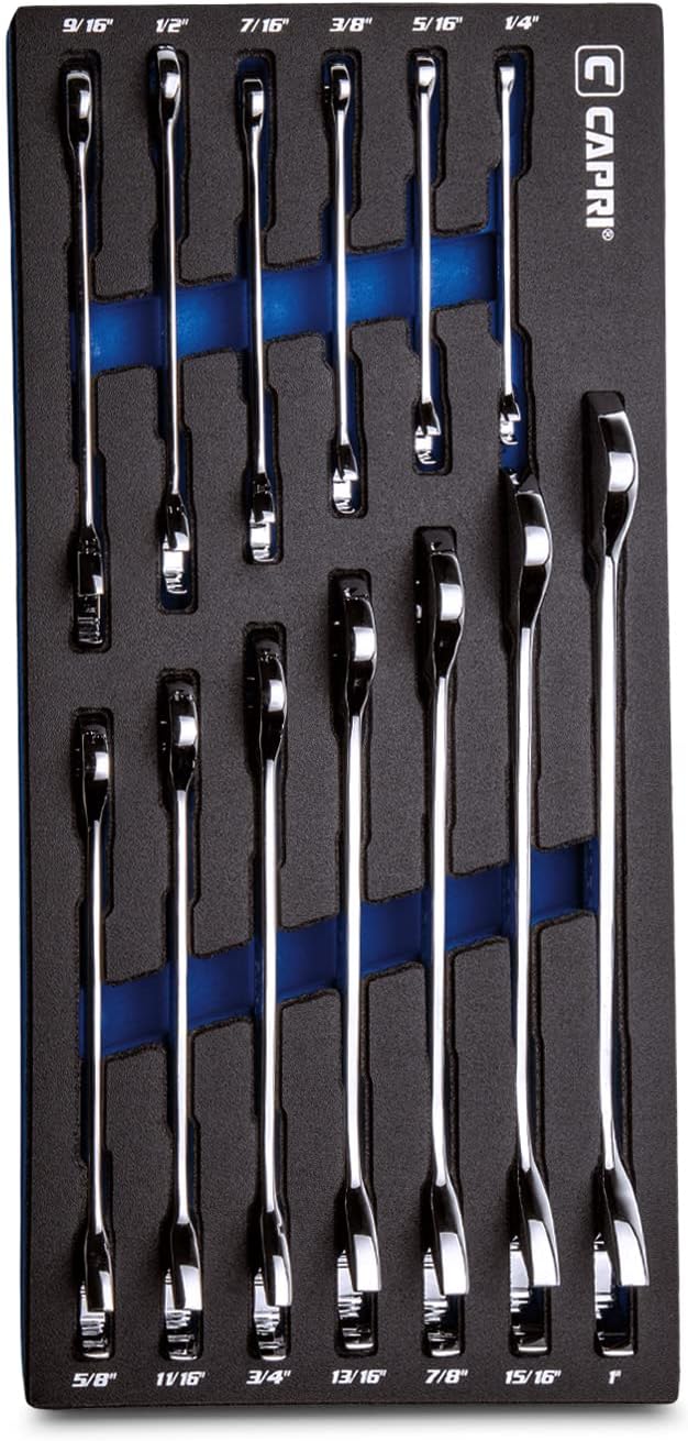 Capri Tools Angle Open End Wrench Set, 30° and 60° angles, 1/4 to 1 in. SAE, 13-Piece with Mechanic' Tray