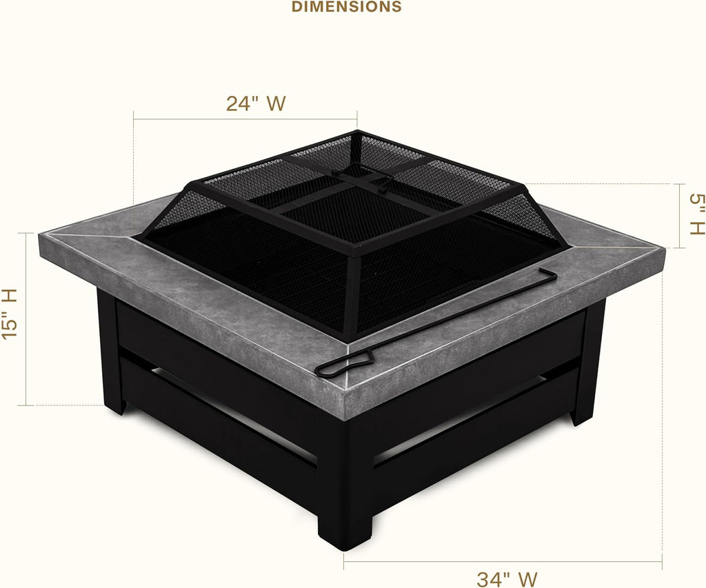 Honeycomb Outdoor Edisto Wood Burning Fire Pit with Cover and Poker, White Frame with Wood Grain Finish, Ceramic Tile Tabletop