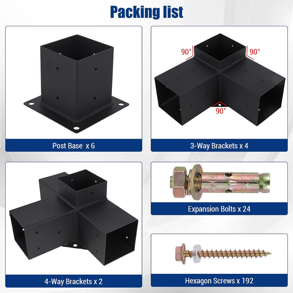 Pergola Bracket Kit 4''x4''(Inner 3.6x3.6), 12pcs (4pcs 3-Way Slanted, 2pcs 3-Way, 6pcs Base) Corner Bracket Woodworks DIY Kit for Gazebos, Patio Pergolas, Log Cabin Outdoor