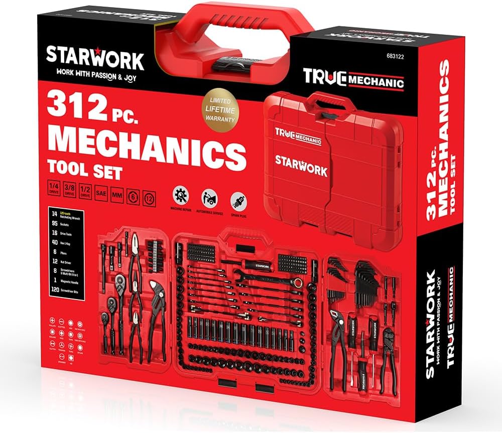 STARWORK TRUE MECHANIC 312-Piece Mechanics Tool Set and Socket Set, Professional【Pliers Wrench 】 SAE/Metric