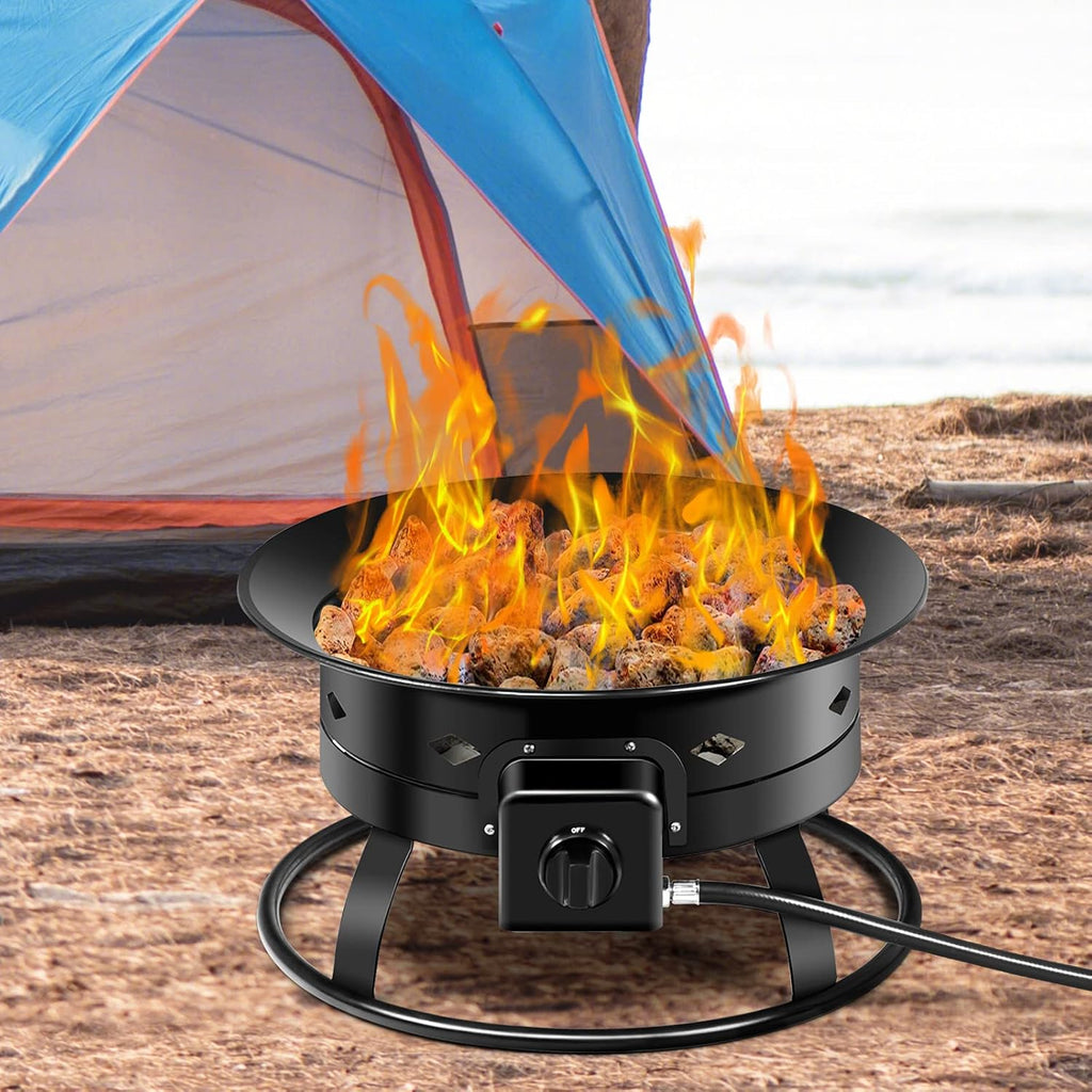 Tangkula Outdoor Portable Propane Gas Fire Pit, 58,000 BTU Gas Fire Pit with Cover, Carry Strap & Lava Rocks, 19 Inch Outdoor Firebowl with Propane Gas Hose & Tank Secure Ring for Camping, Backyard