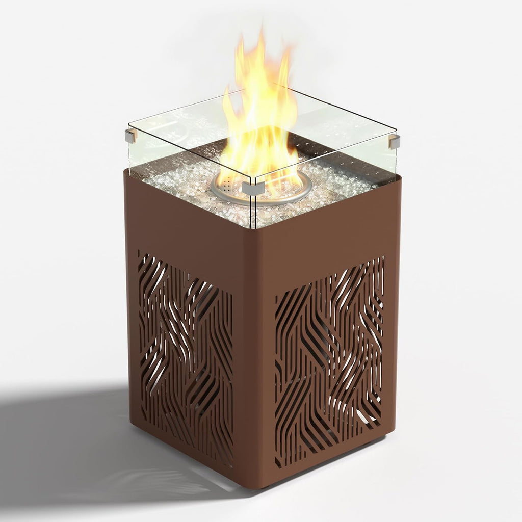 18' Aluminum Propane Fire Pit Table with 45,000 BTU, Square Outdoor Gas Fire Table with Glass Wind Guard, Glass Stones & Waterproof Cover, Patio Fire Table for Balcony, Backyard, Porch, Brown