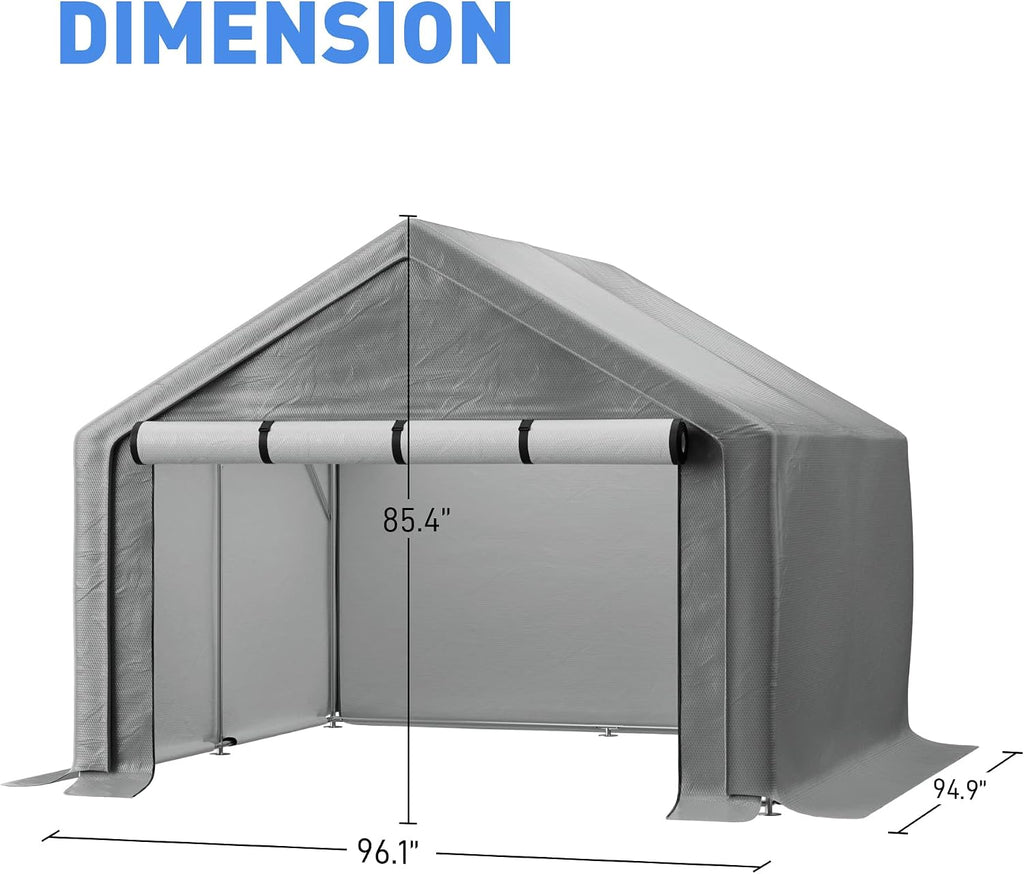 Outdoor Storage Shelter, 8x8 ft Portable Shed with Roll up Zipper Door, Waterproof and UV Resistant Anti-Snow, Heavy Duty Carport for Storing Garden Tools, Outdoor Equipment