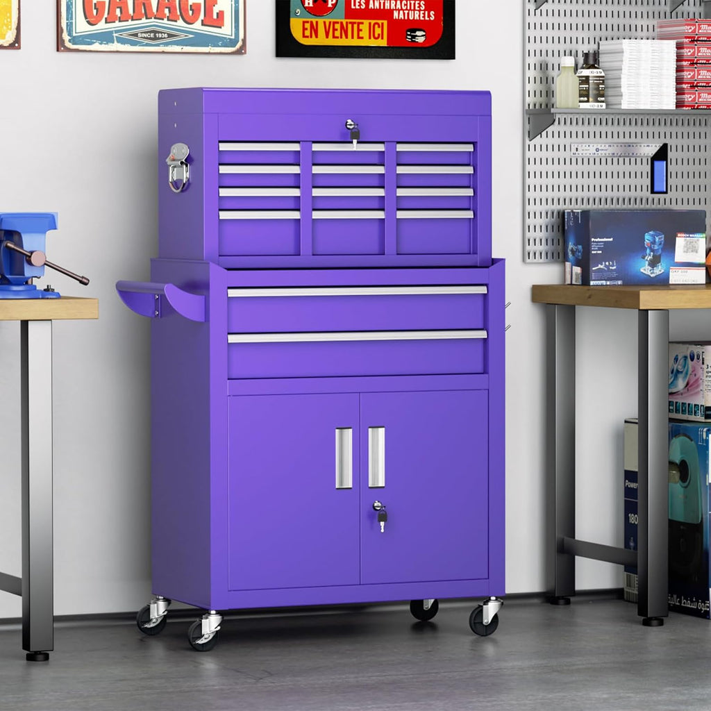Superday Metal Tool Chest, 8 Drawer Rolling Tool Chest with Wheels, Detachable Tool Storage Cabinet with Lock for Garage, Steel Tool Cart with Liner & Hooks for Workshop, Warehouse (Purple)