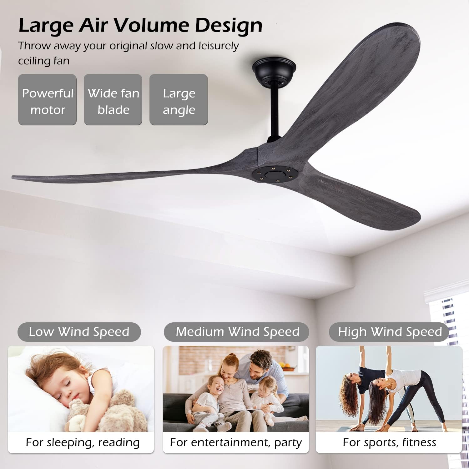72 Inch Ceiling Fan No Light ，Wood Outdoor Ceiling Fans for Patios Living Room Gazebo Mid Century Modern Exterior Extra Large Ceiling Fan without Light with Downrod(Grey)
