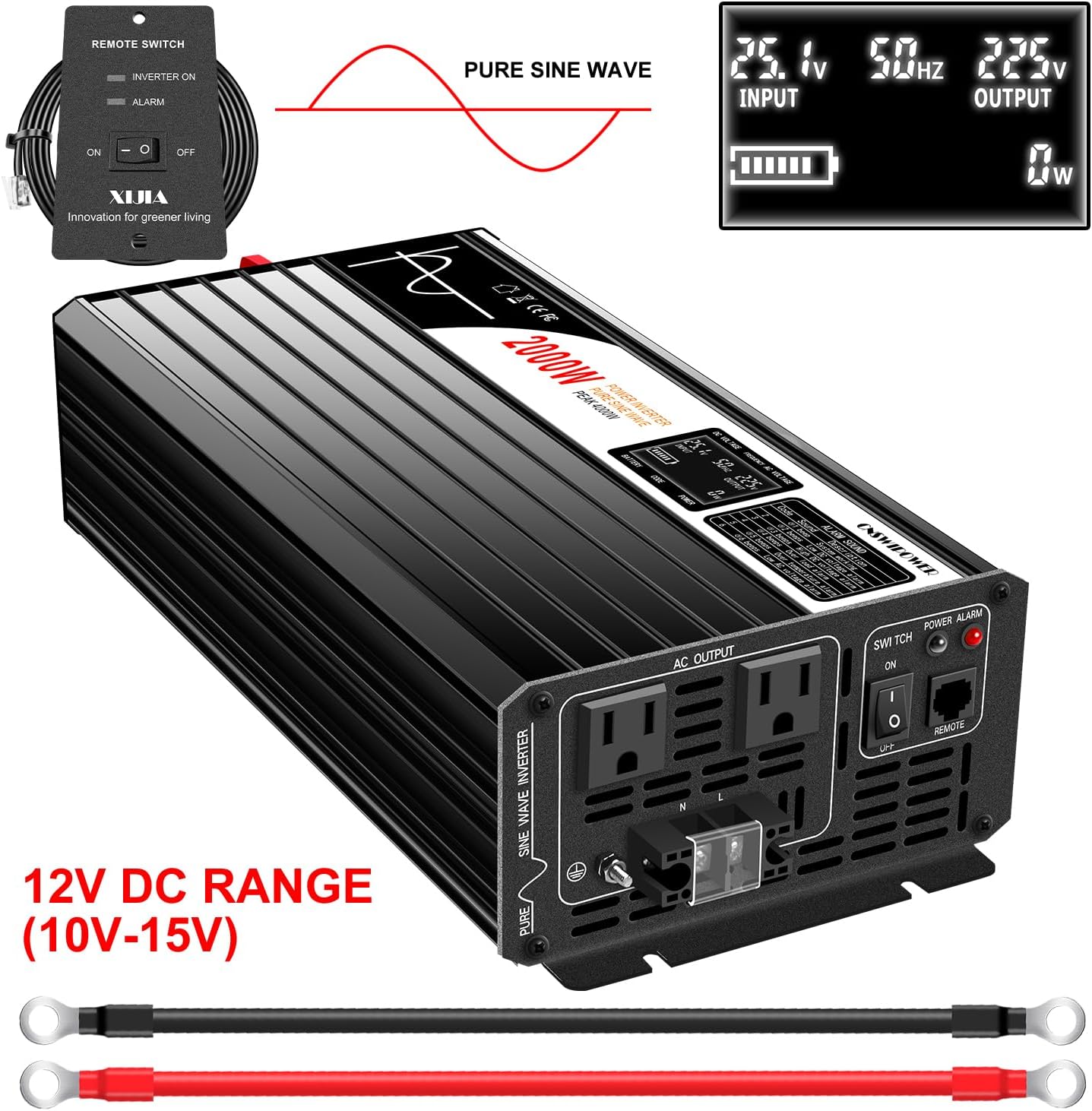 Xijia 2000W Pure Sine Wave Inverter，12V to 120V AC Converter for Home，Solar Systems，Remote and Bluetooth Control for Truck，Camping，with 2 AC Socket，Surge Power 4000W
