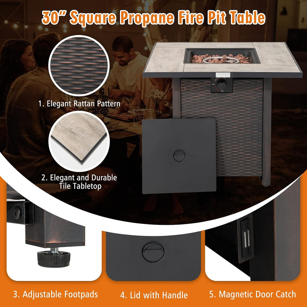 Tangkula 30 Inch Propane Gas Fire Pit Table, Patiojoy 50,000 BTU Square Fire Table with Ceramic Tabletop, PVC Cover & Lava Rocks Included, Perfect for Backyard, Outdoor (Black)