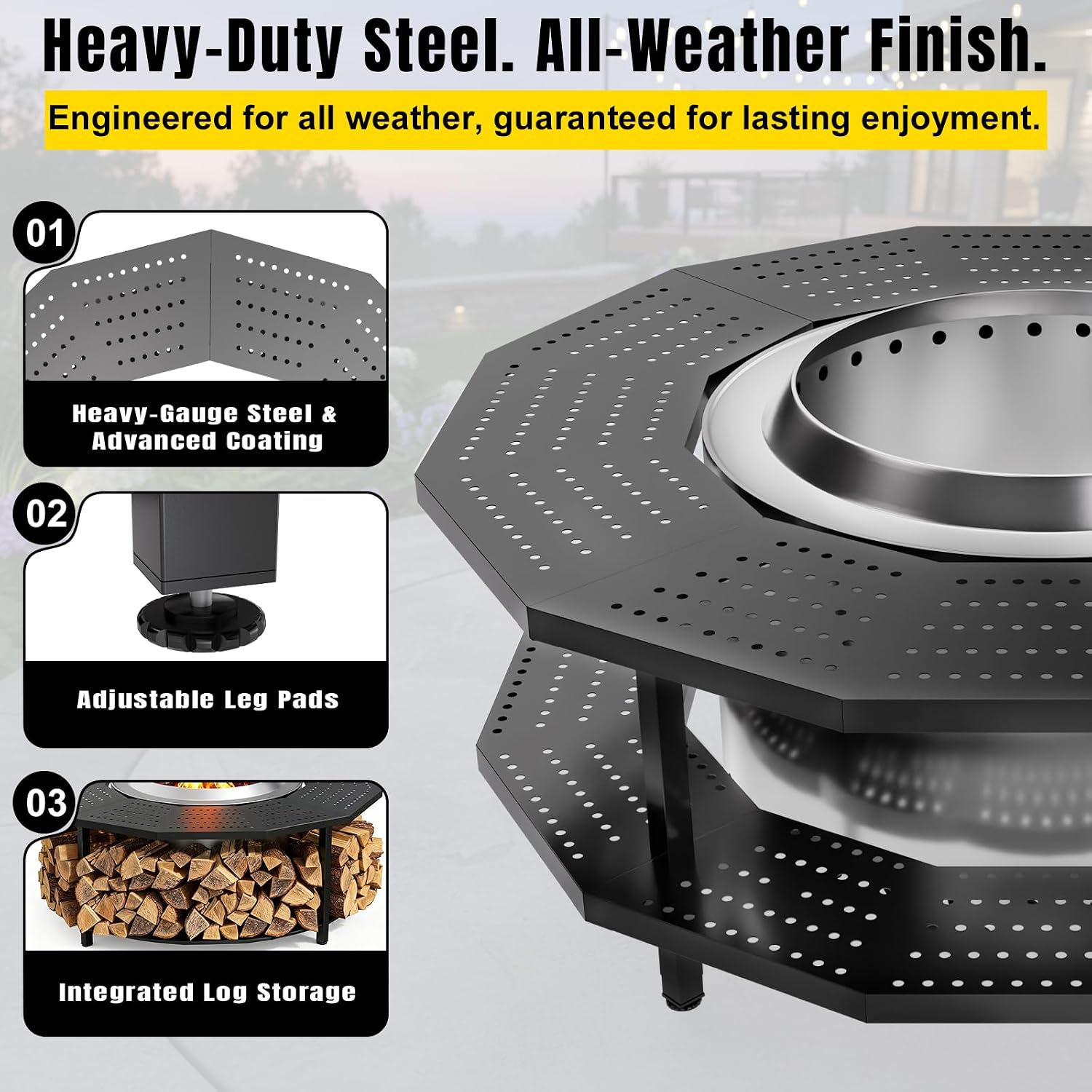 41' Fire Pit Surround Tabletop for Solo Stove Bonfire and Ranger Portable Protective Barrier for Wood Burning Fire Pits Outdoor Bonfire Fire Pit with Firewood Storage Shelf