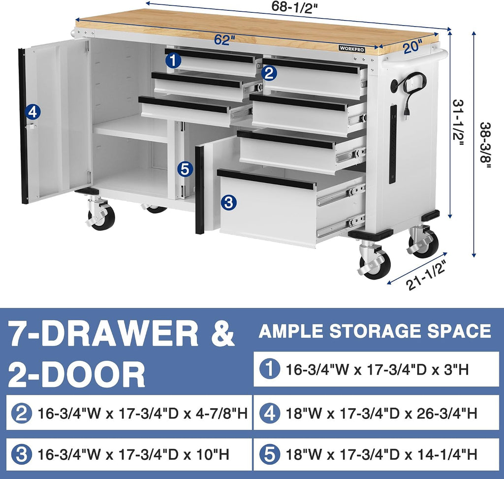 WORKPRO 62' Rolling Tool Chest, Heavy Duty Mobile Tool Storage Cabinet with 7-Drawer & 2-Door, Power Strip, Locking System, 1000 LBS Capacity Rolling Cabinet for Garage, Kitchen & Warehouse