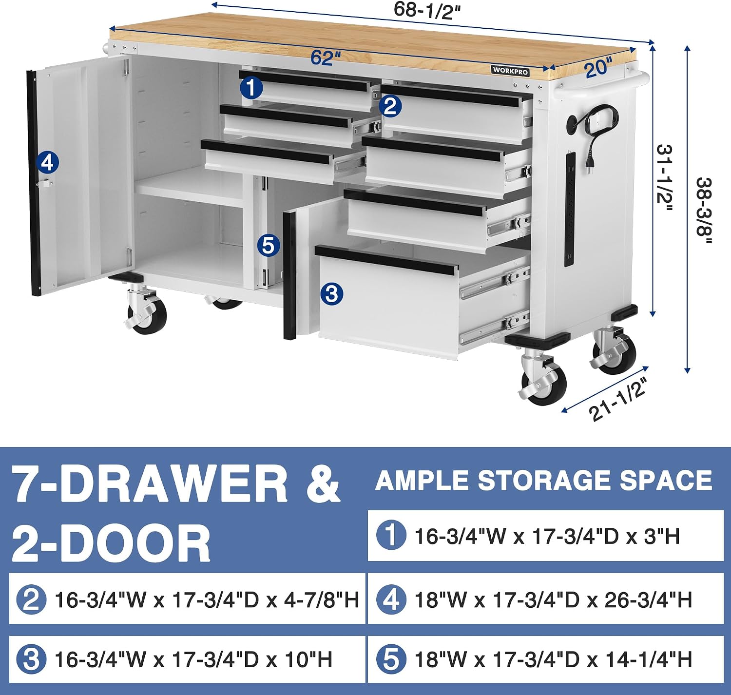 WORKPRO 62' Rolling Tool Chest, Heavy Duty Mobile Tool Storage Cabinet with 7-Drawer & 2-Door, Power Strip, Locking System, 1000 LBS Capacity Rolling Cabinet for Garage, Kitchen & Warehouse