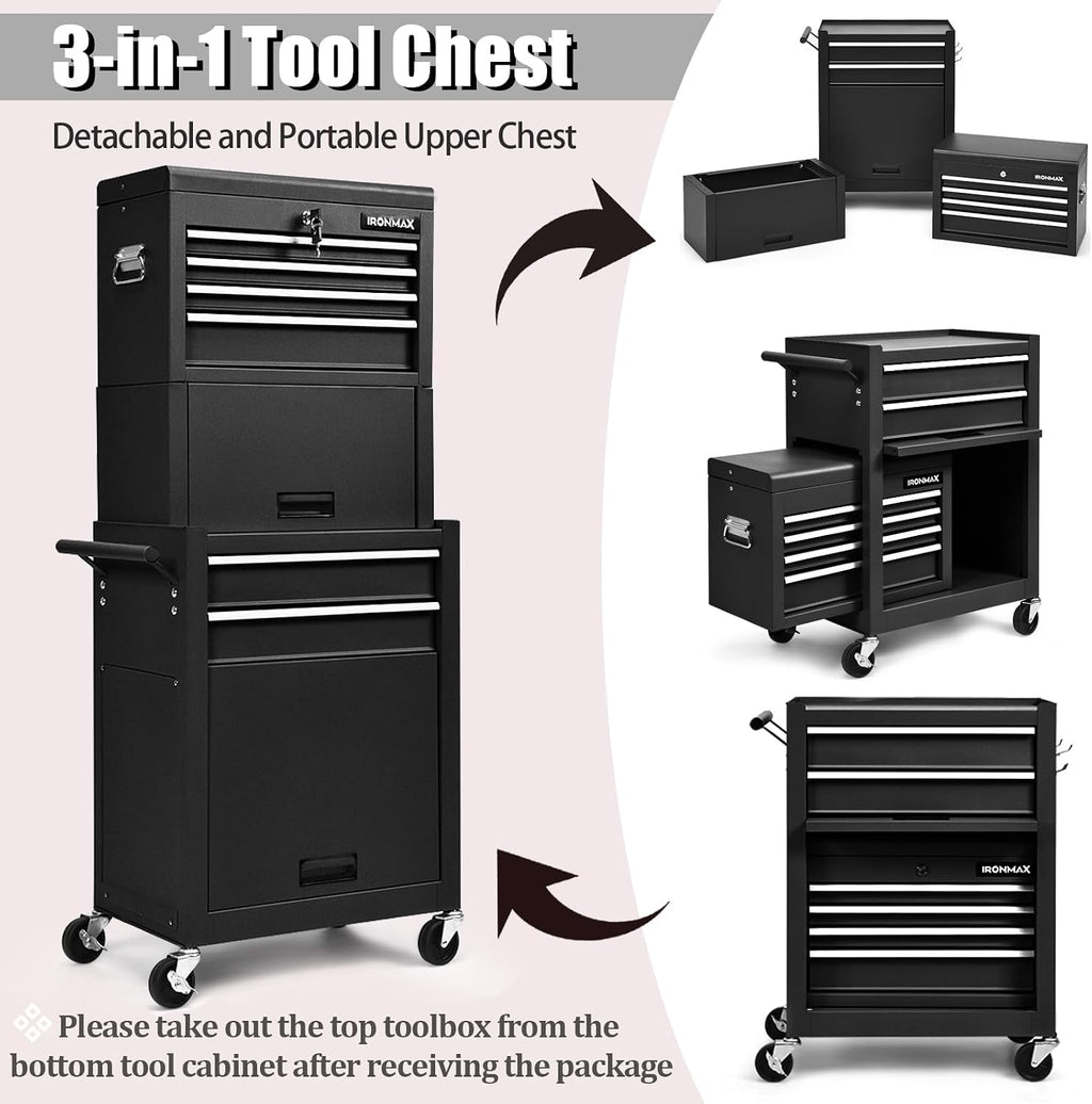 IRONMAX Tool Cabinet on Wheels, 6-Drawer Lockable Rolling Tool Chest w/ 4 Universal Wheels, 2 in 1 Detachable Tool Box Storage Organizer for Garage Workshop Repair Shop, Black