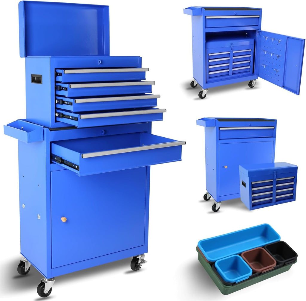 5 Drawer Tool Cart Rolling Tool Chest on Wheels Drawers Rolling Tool Box Organizer Drawer Liners Detachable Top with Locking System for Garage Workshop Warehouse Repair Shop Blue