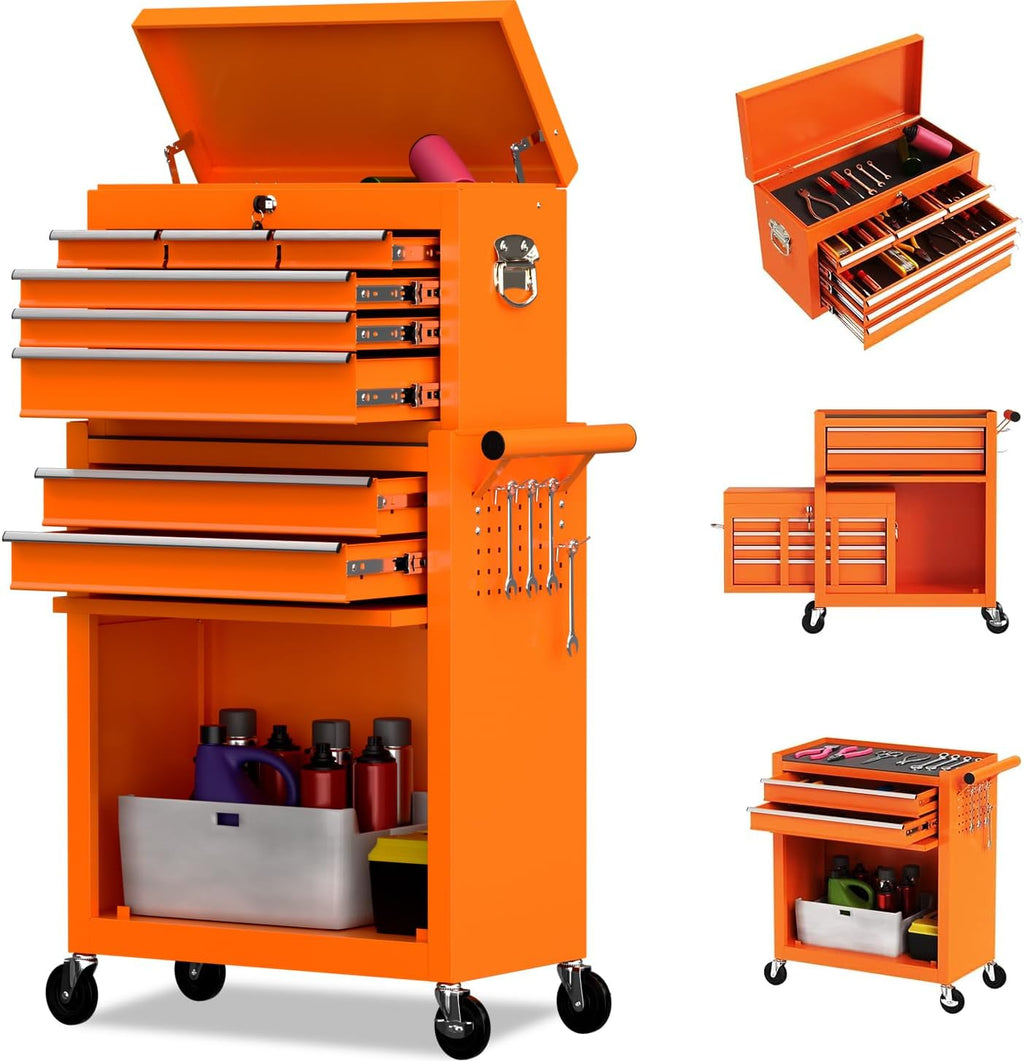 8 Drawer Rolling Tool Chest, High Capacity Tool Box with Lockable Wheels and Drawers, 2 in 1 Portable Toolbox Organizer Storage Cabinet For Garage, Warehouse, Repair Shop, Orange