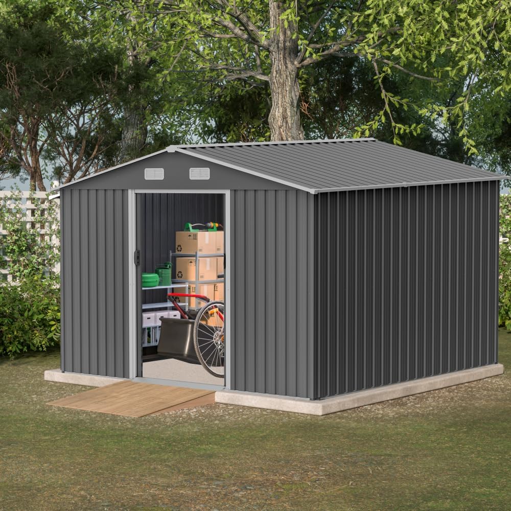 Large Outdoor Storage Shed 10x12 FT, Heavy-Duty Metal Garden Tool Organizer with Lockable Doors and Weather-Resistant Roof for Backyard (10x8 ft Grey-1)