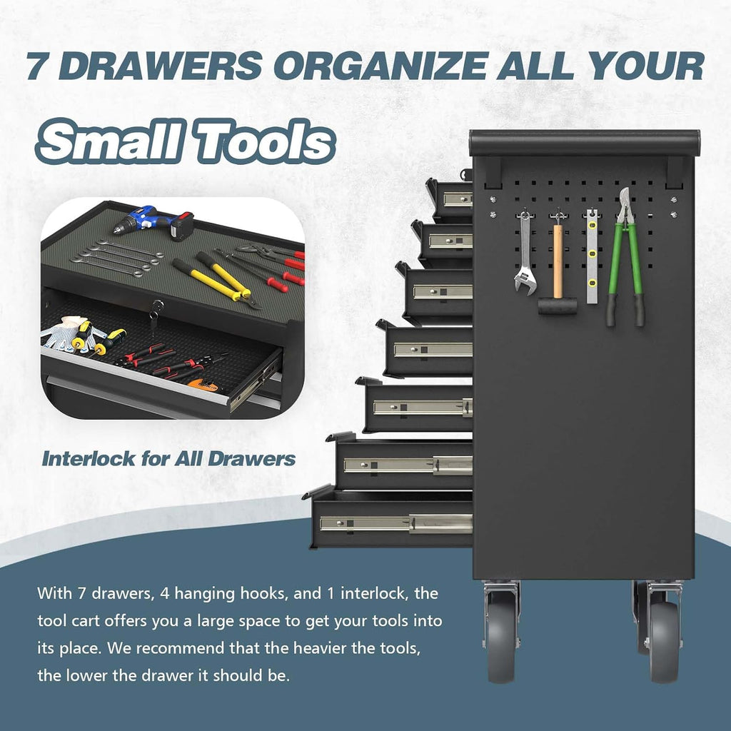 7-Drawer Tool Chest, Rolling Tool Box with Wheels, High Capacity Detachable Mobile Tool Storage Cabinet for Workshop, Garage, Mechanics and Repair Room (Black, 7-Drawer)