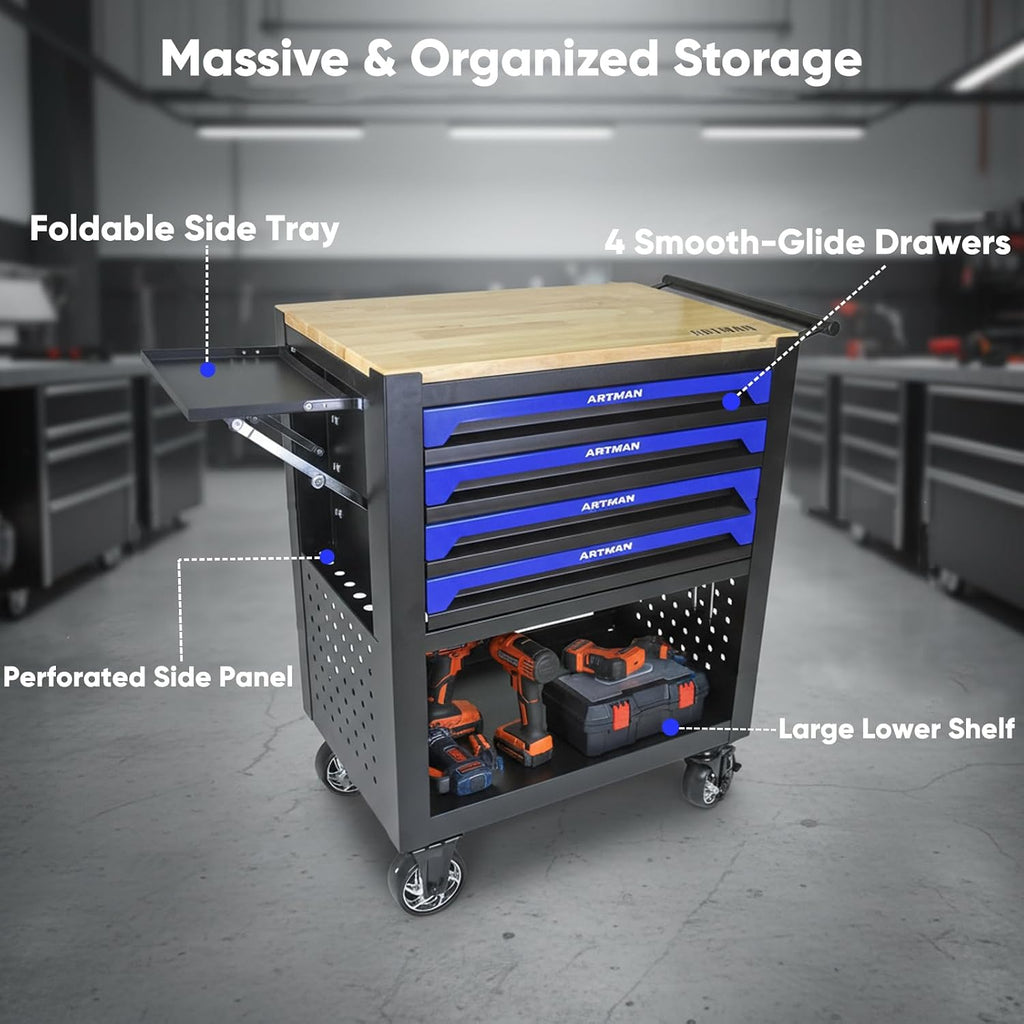 JOYBASE Rolling Tool Chest with 4 Drawers & Wood Top, Heavy Duty Steel Tool Cart on Wheels, Mobile Garage Organizer & Storage Cabinet for Workshop & Mechanic (Black & Blue)