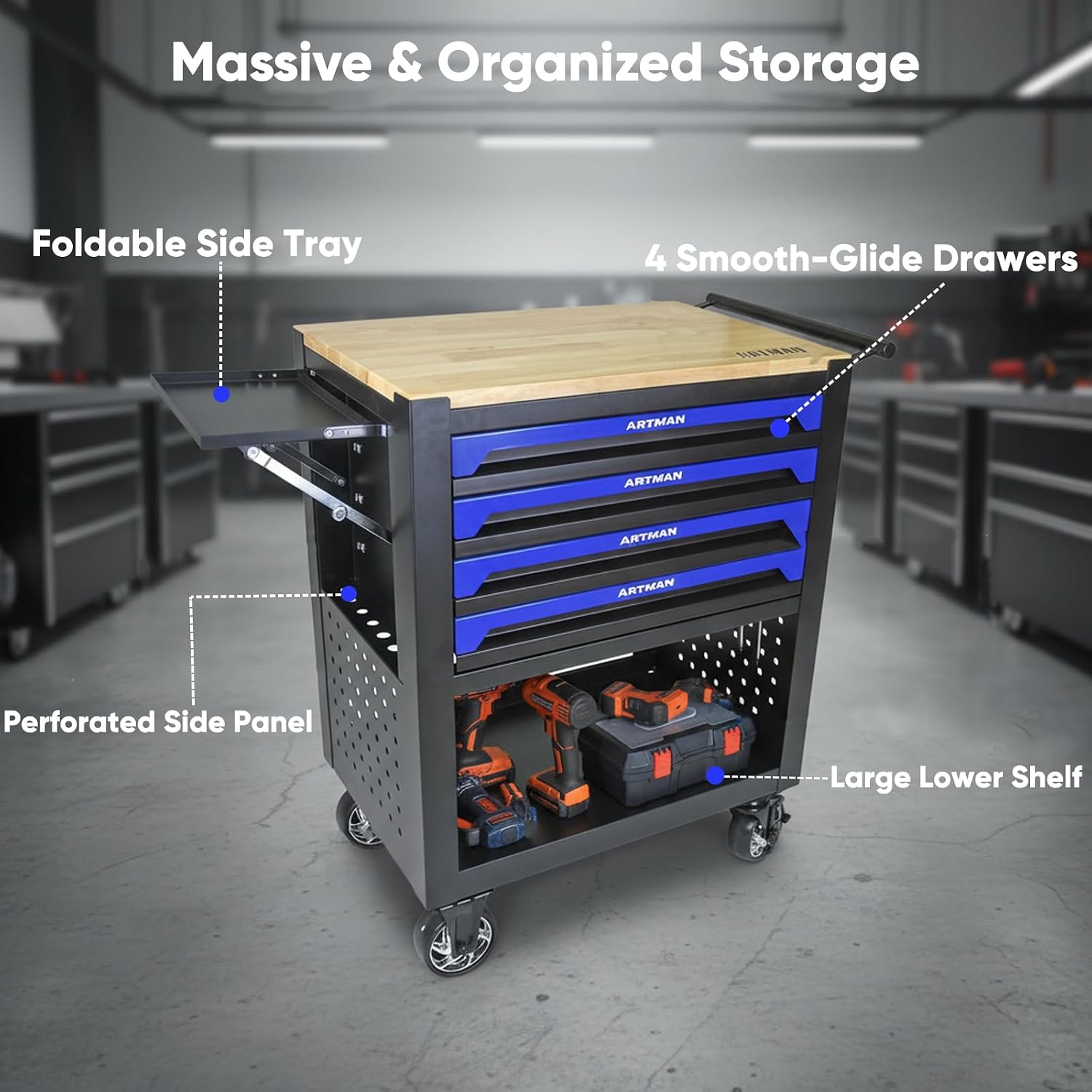 JOYBASE Rolling Tool Chest with 4 Drawers & Wood Top, Heavy Duty Steel Tool Cart on Wheels, Mobile Garage Organizer & Storage Cabinet for Workshop & Mechanic (Black & Blue)