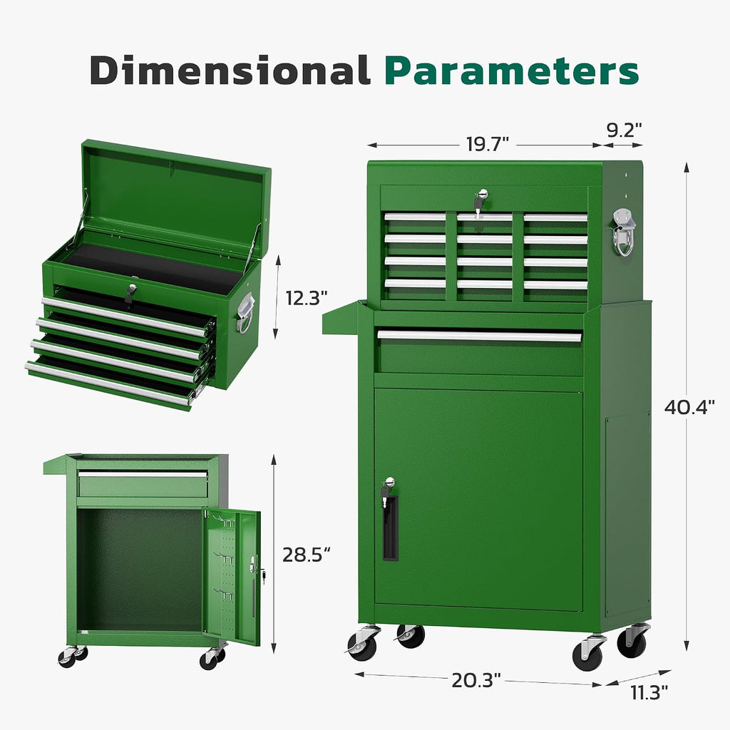Greenvelly Tool Chest, 5-Drawer Rolling Tool Chest with Hooks and Lockable Wheels, Detachable Top Tool Box, Toolbox with Wheels, Rolling Tool Box for Mechanics Garage Workshop and Tool Room (Green)