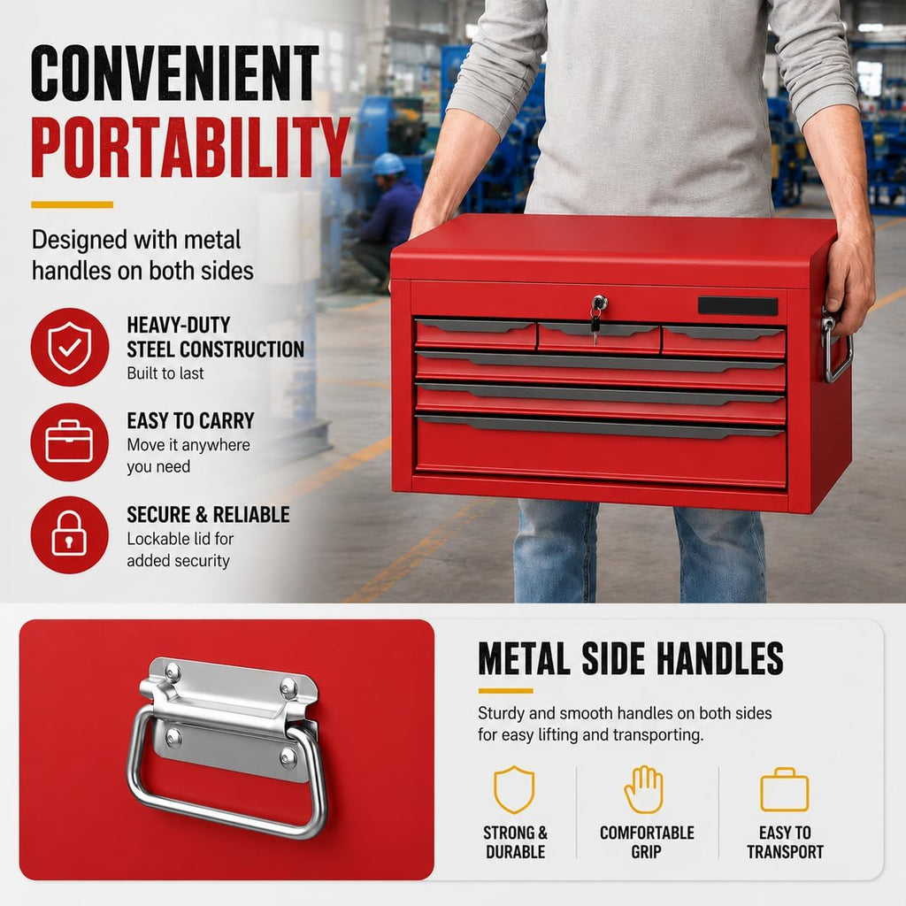 ARNOT Large Metal Tool Box, Tool Box with 6 Drawers & Top Tray, Heavy-Duty Steel Tool Chest with Auto-Locking Drawers and Side Handles for Garage & Workbench, Red