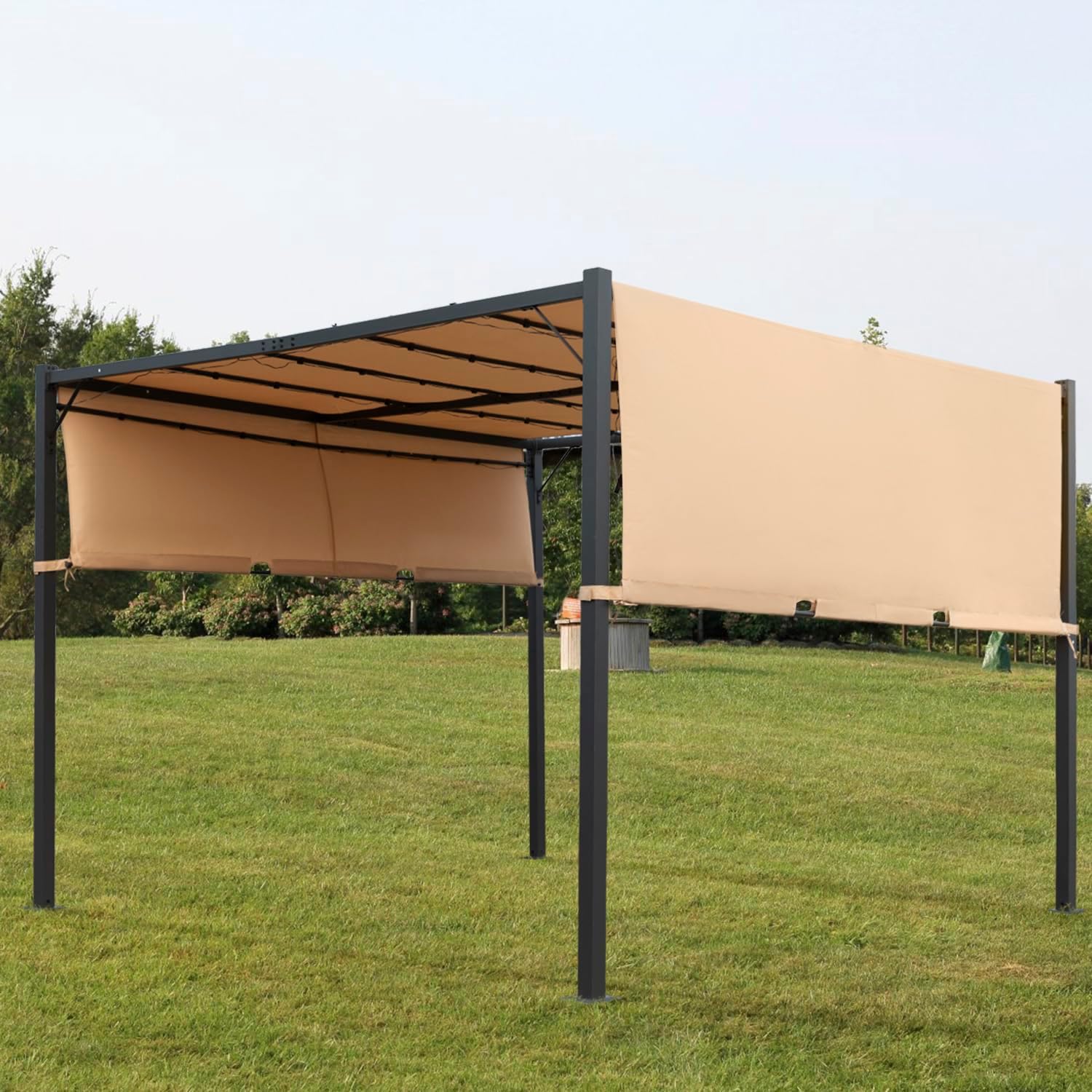 10'x10' FT Heavy-Duty Outdoor Pergola Aluminum Pergola with Retractable Sun Shade Canopy and Solar LED Lights, for Garden, Deck, and Backyard (TAN)