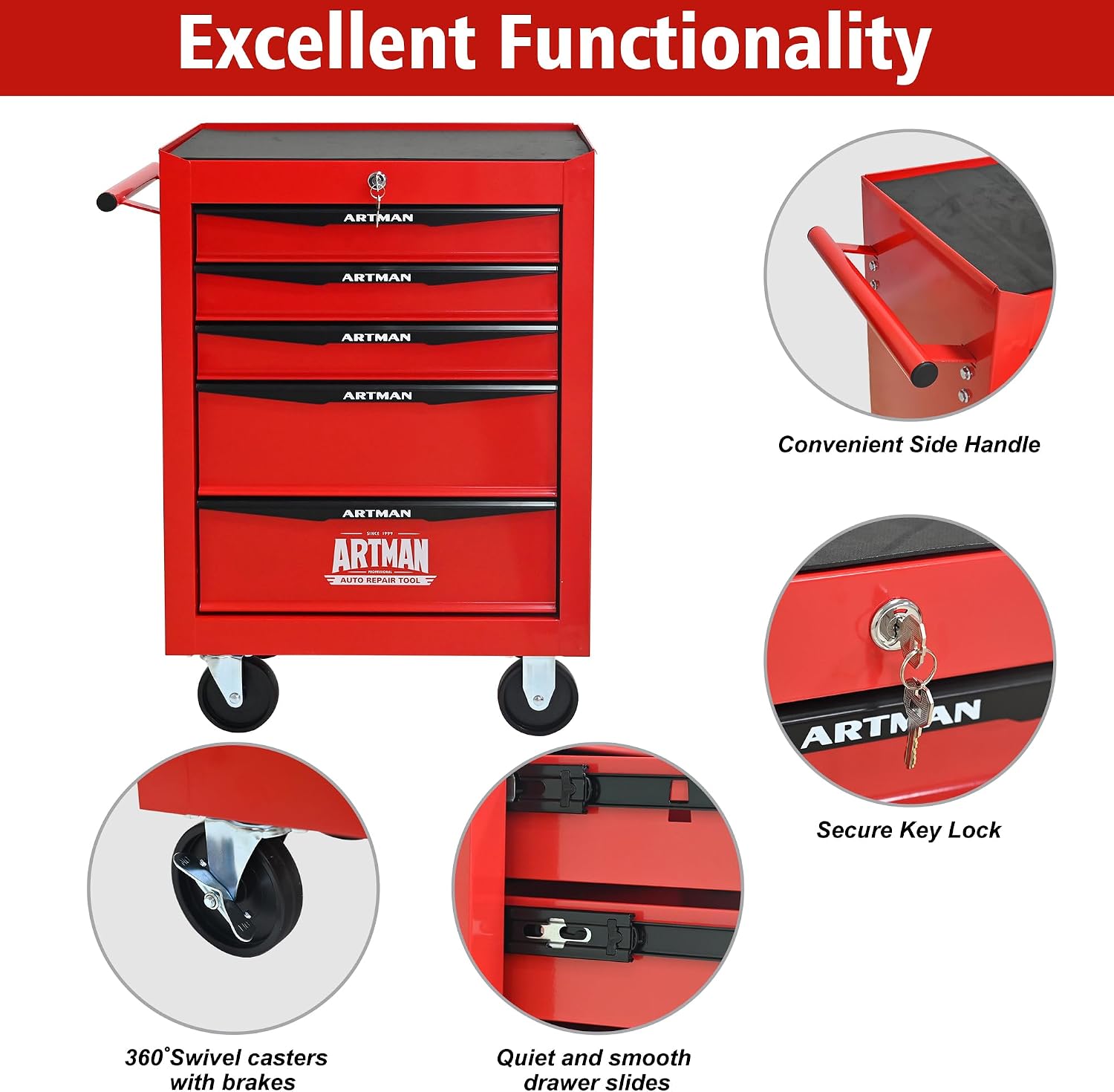 5 Drawers Rolling Tool Box on Wheels, Multifunctional Tool Chest Cabinet with Lock, Drawers Rolling Tool Cart Trolley Organizer Tool Storage Case for Warehouse,Garage,Workshop (Red)