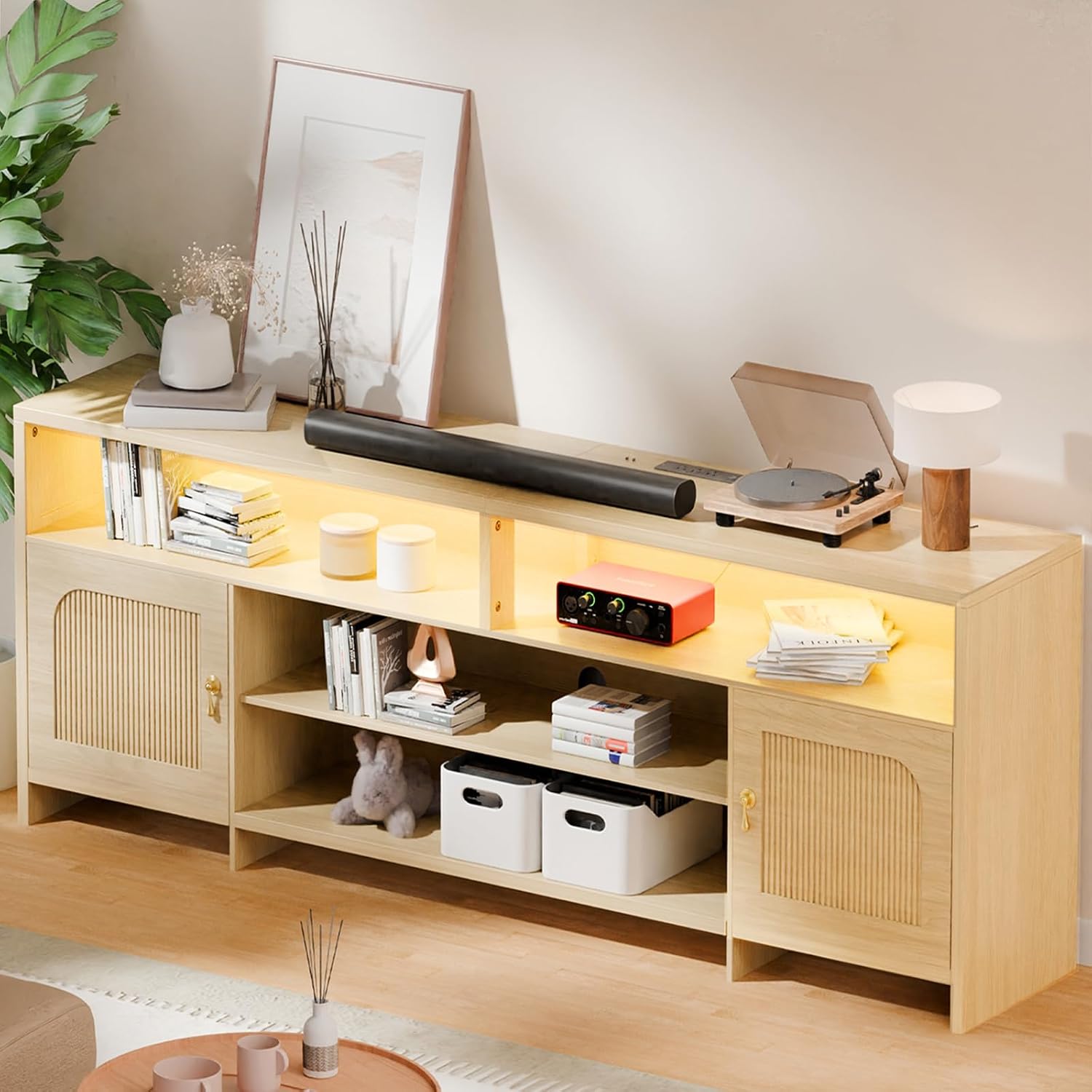 Fluted TV Stands for Living Room, 70' Mid-Century Modern Entertainment Center with LED Lights and Open Storage Shelves, Curved TV Media Console (Natural Oak)
