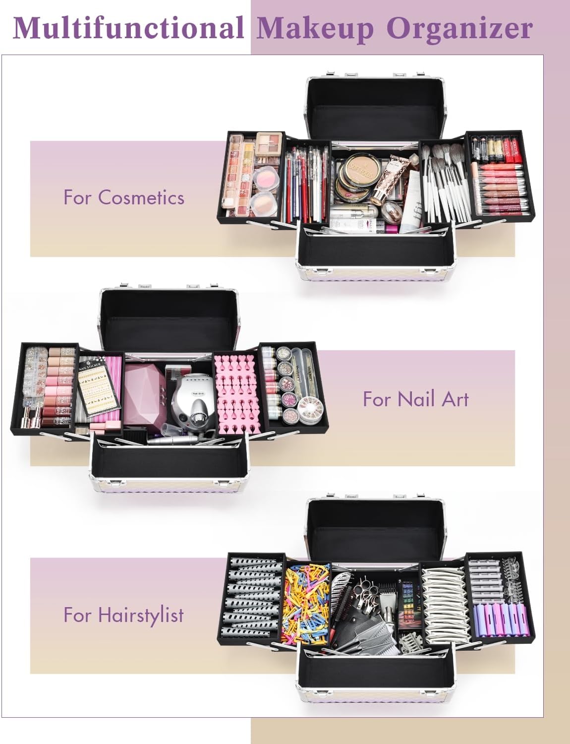 Yueieoun Makeup Case on Wheels, Rolling Train Case, 4-in-1 Makeup Trolley, Cosmetic Cases Makeup Travel Cart with Key for MUA, Hairstylists, Nail Tech, Gradient Purpple