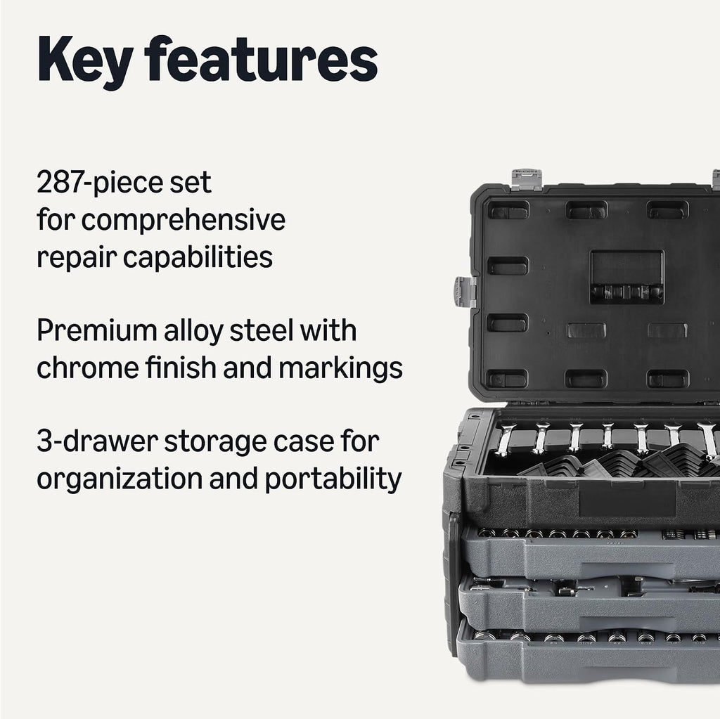 Amazon Basics 287-Piece Mechanic Tool Set with Sockets, Ratchets & Wrenches, 1/4', 3/8', 1/2' Quick-Release, Metric and SAE - 3-Drawer Case