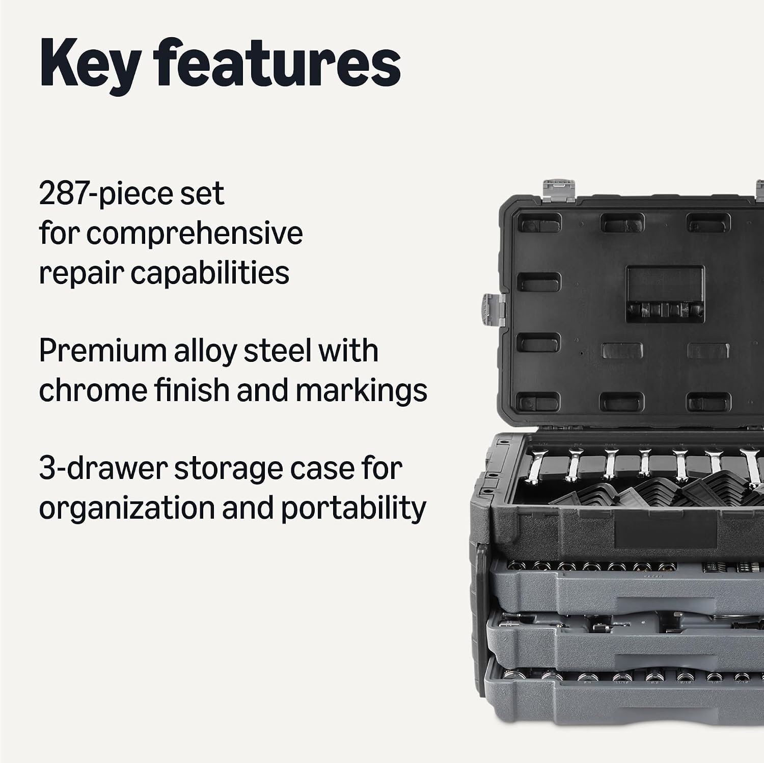 Amazon Basics 287-Piece Mechanic Tool Set with Sockets, Ratchets & Wrenches, 1/4', 3/8', 1/2' Quick-Release, Metric and SAE - 3-Drawer Case