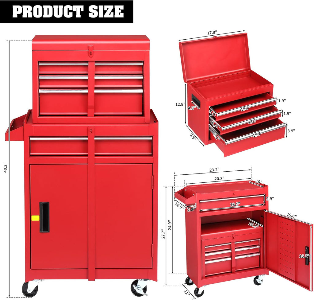 Winado 4-Drawer Rolling Tool Chest with Wheels & Lock, Tool Box with Large Storage Cabinet and Adjustable Shelf, Removable Portable Top Box for Garage, Warehouse, Factory (Red)