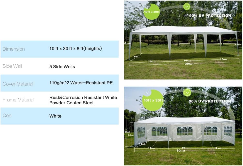GOJOOASIS Wedding Party Tent 10x30 White Outdoor Canopy Tent Outdoor Gazebo (10' x 30' with 5 Walls)