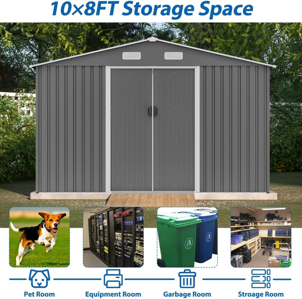 Large Outdoor Storage Shed 10x12 FT, Heavy-Duty Metal Garden Tool Organizer with Lockable Doors and Weather-Resistant Roof for Backyard (10x8 ft Grey-1)