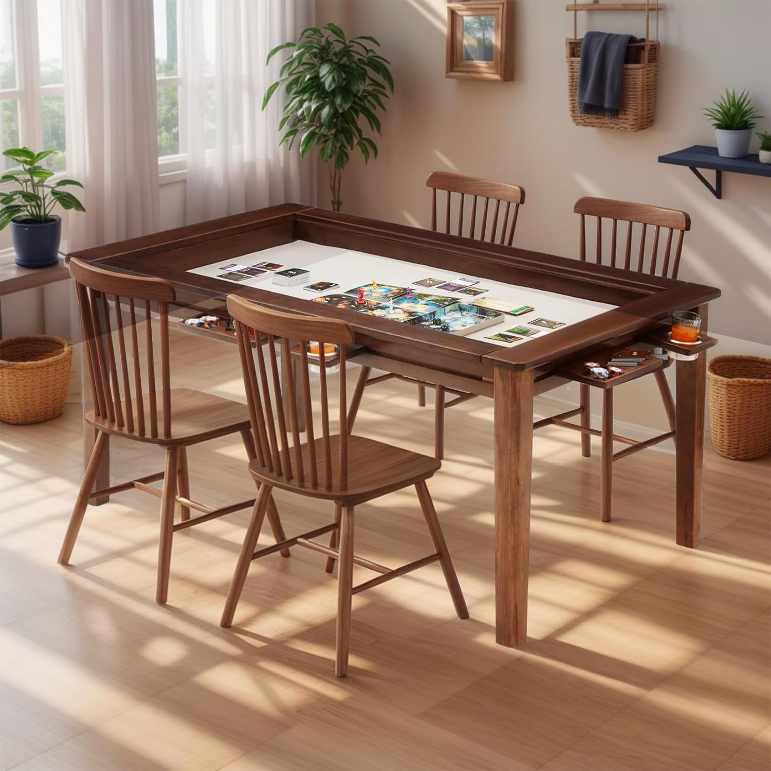 Coperat Solid Wood Board Game Table for 4-6 Players,Dining/Gaming Table w/ 54'x31' Big Gaming Space and Removable Top,Includes Game Mat, 6 Cup Holders & Hobby Tray, Warm Walnut