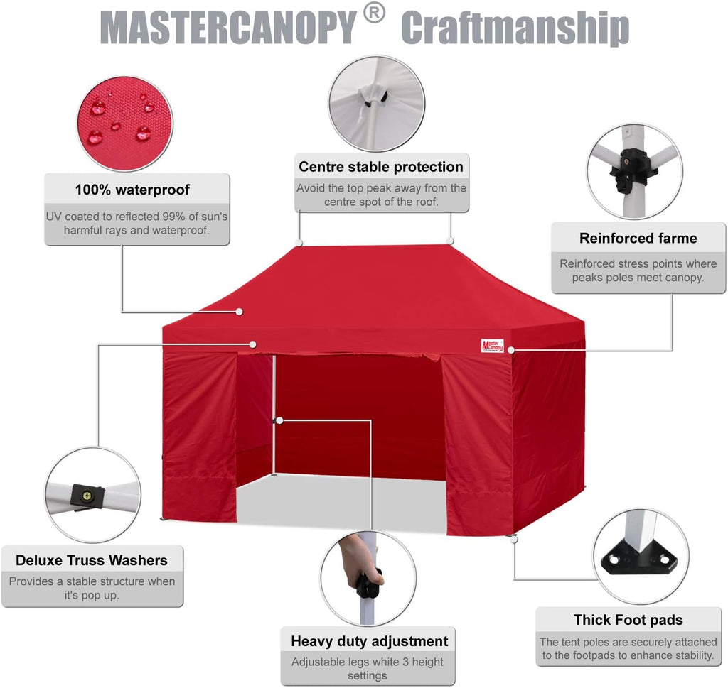 MASTERCANOPY Pop-up Canopy Tent Commercial Instant Canopies with 4 Removable Side Walls and Roller Bag, 4 SandBags (10x15, Red)
