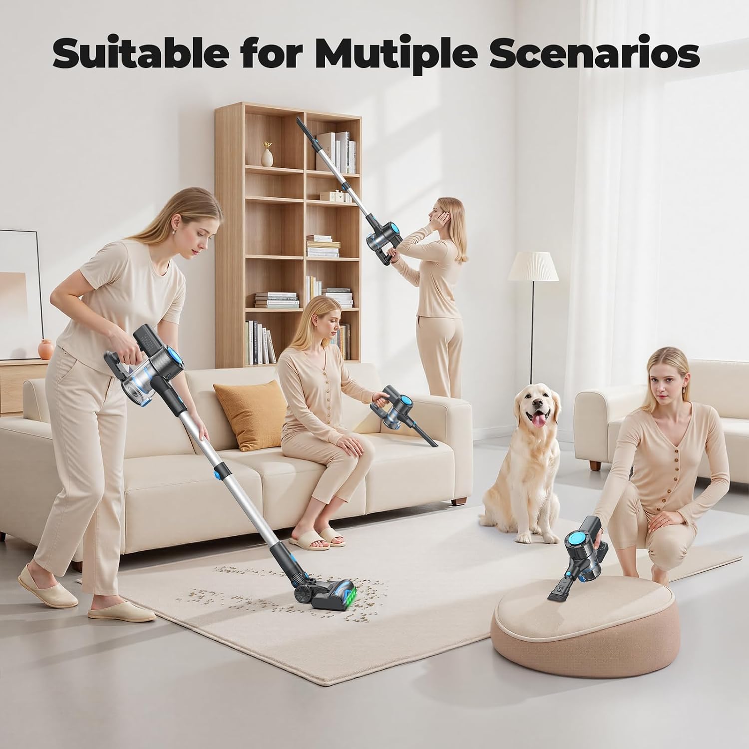 Cordless Vacuum Cleaner, Powerful Lightweight Stick Vacuum with Self-Standing, Anti-Tangle, 8-in-1 Rechargeable Vacuum Cleaners for Home, Hardwood Floors, Carpet, Pet Hair